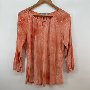 JM Collection Top Coral Boho Gauze SZ L Peasant Blouse Sequins Embellished U1036